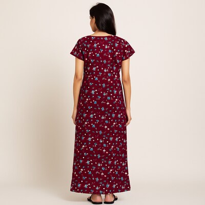 Maroon Floral Cotton Nighty