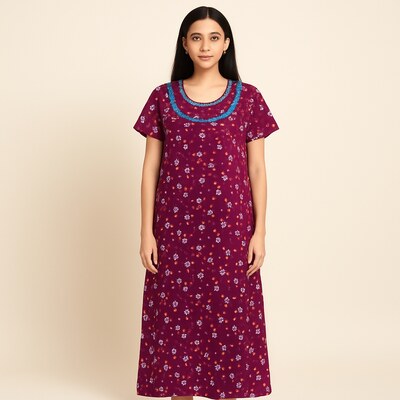 Maroon Floral Cotton Nighty